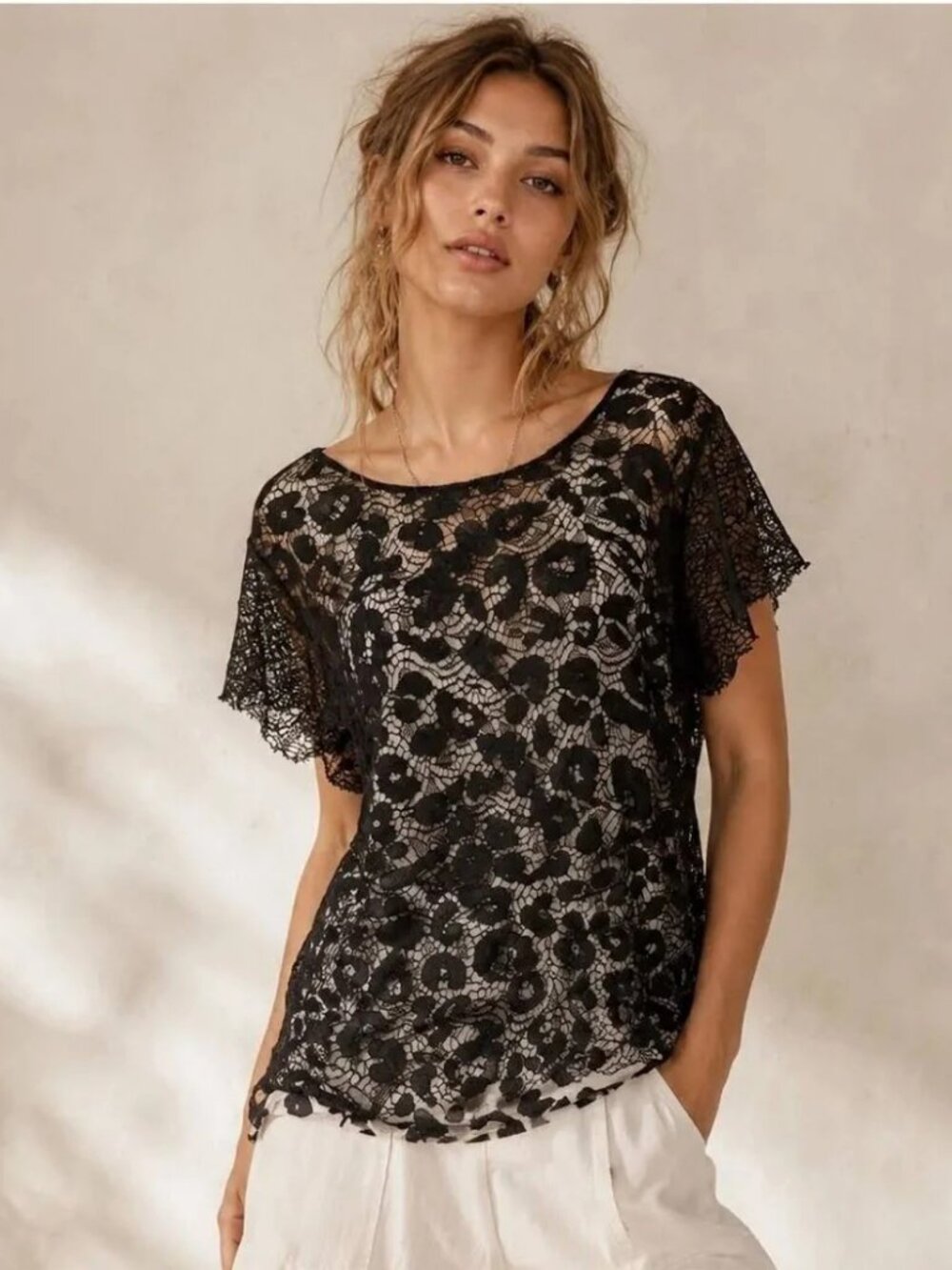 Chico's Cheetah Chaser Black Lace Overlay Top ** Size L